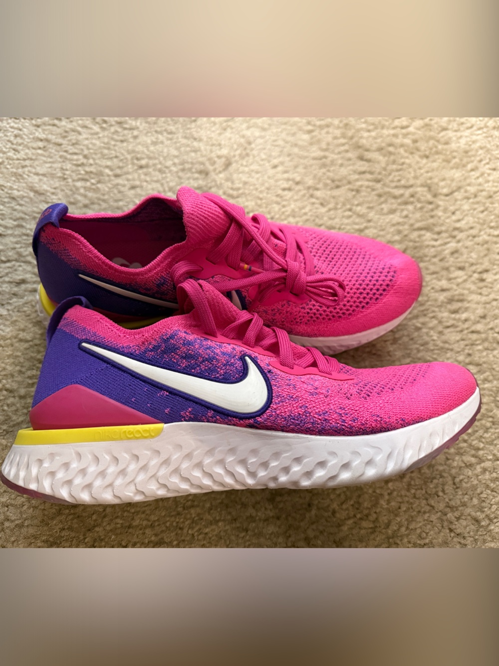 Nike Women's Pink & Purple Knit Running Shoes with White Swoosh. Nike React
